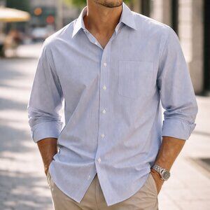 Men Striped Light Blue Button Down Collared Long Sleeves Shirt Size 17